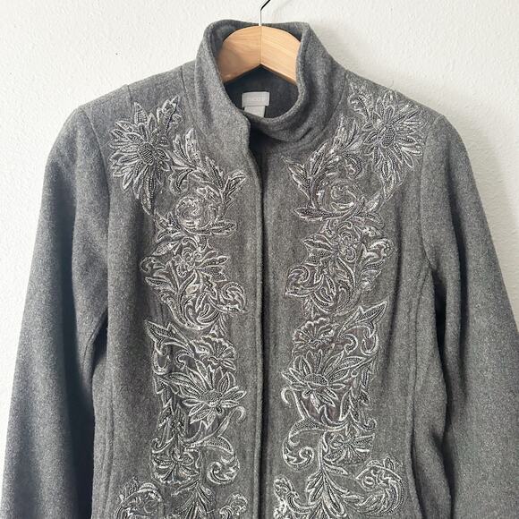 Chico's Size 1 Gray Wool Blend Beaded Embellished Jacket Women’s Size Medium - Picture 5 of 15